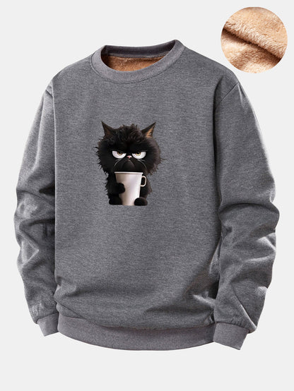 Schwarzes Katzen-Trink-Kaffee-Motiv Teddy-Fleece-gefüttertes Sweatshirt