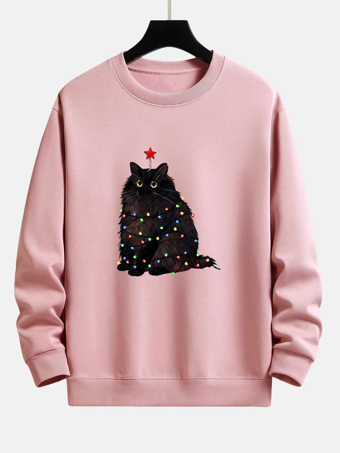 Weihnachtslichter Schwarze Katze Druck Locker sitzendes Sweatshirt