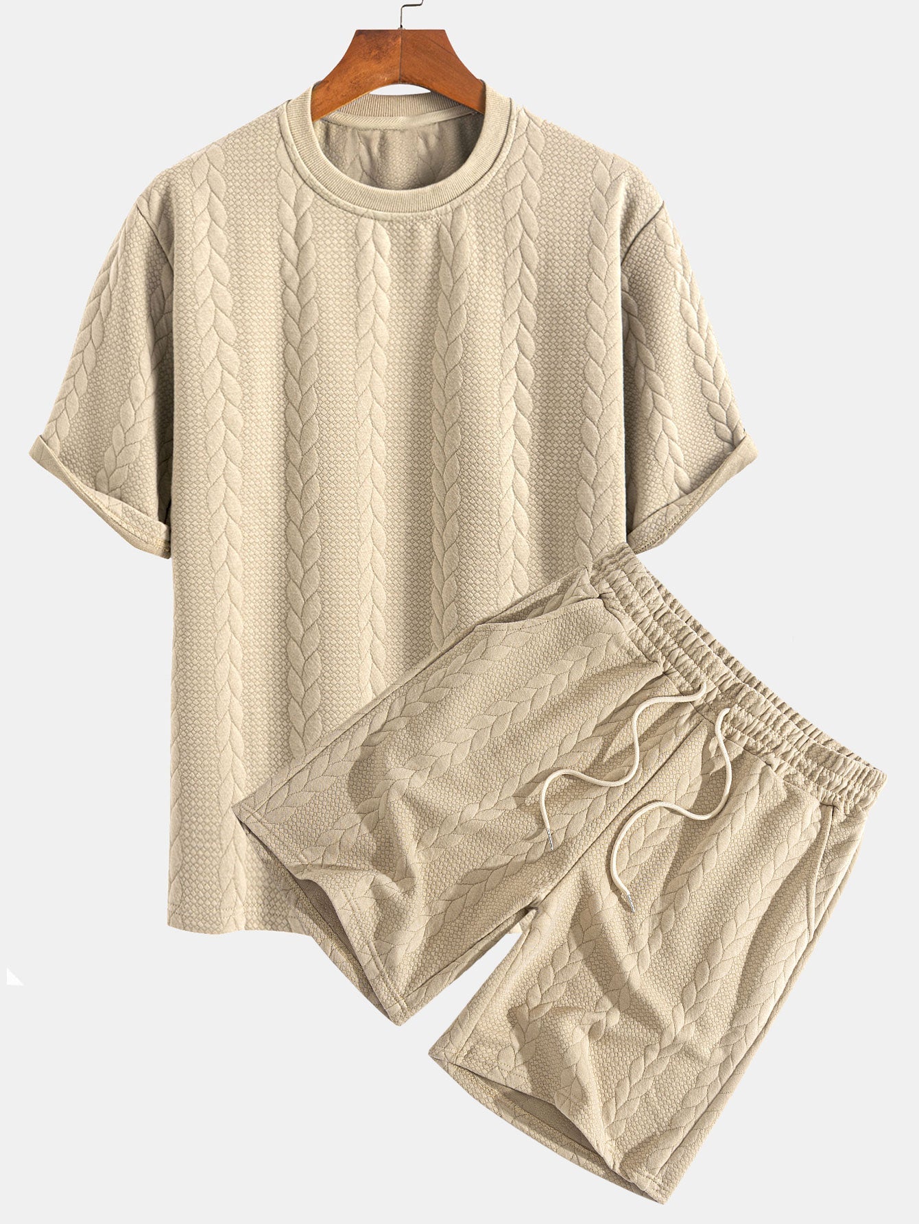Casual Mid-Length Sleeve Twist Jacquard Tee and Shorts Set