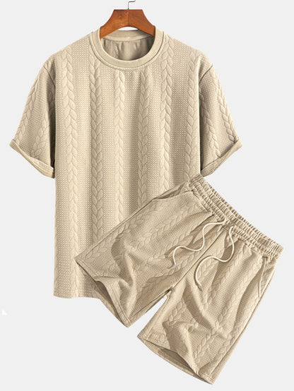 Casual Mid-Length Sleeve Twist Jacquard Tee and Shorts Set