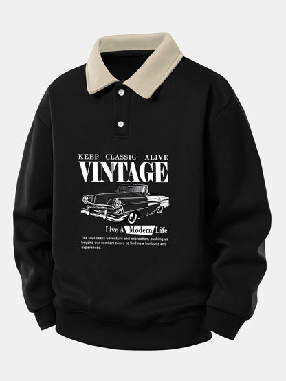 Vintage Auto Print Contrast Polo Sweatshirt - Relaxed Fit