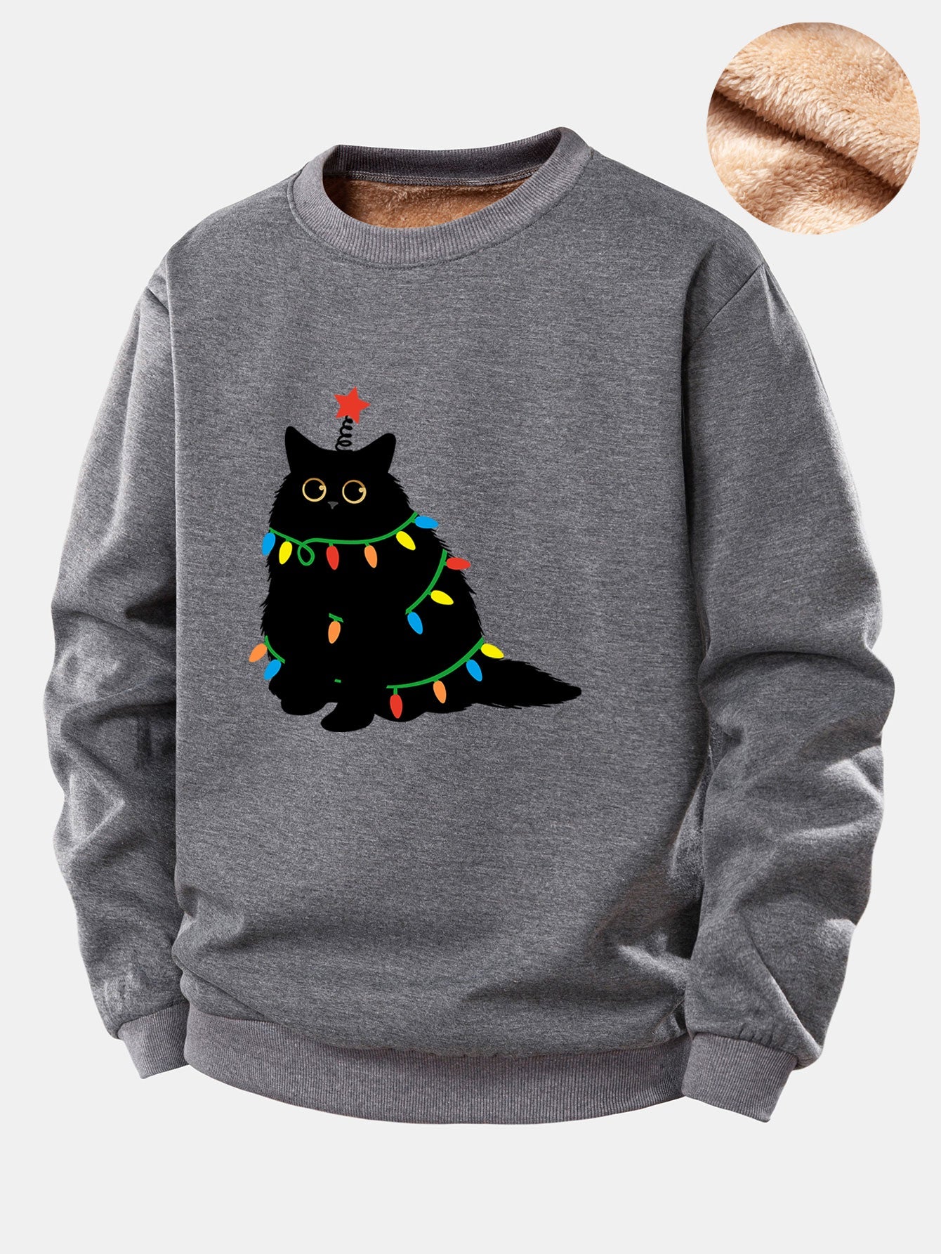 Weihnachtslichter Schwarze Katze Druck Teddy Fleece Gefüttertes Sweatshirt