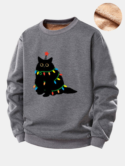 Weihnachtslichter Schwarze Katze Druck Teddy Fleece Gefüttertes Sweatshirt