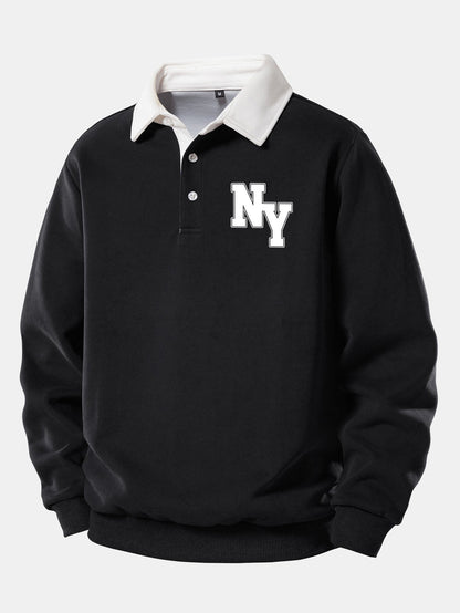 NY Print Contrast Polo Collar Sweatshirt