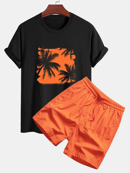 Reguläre Passform Baumwoll-T-Shirt mit Palmbaum-Silhouette Druck & passende Badehose