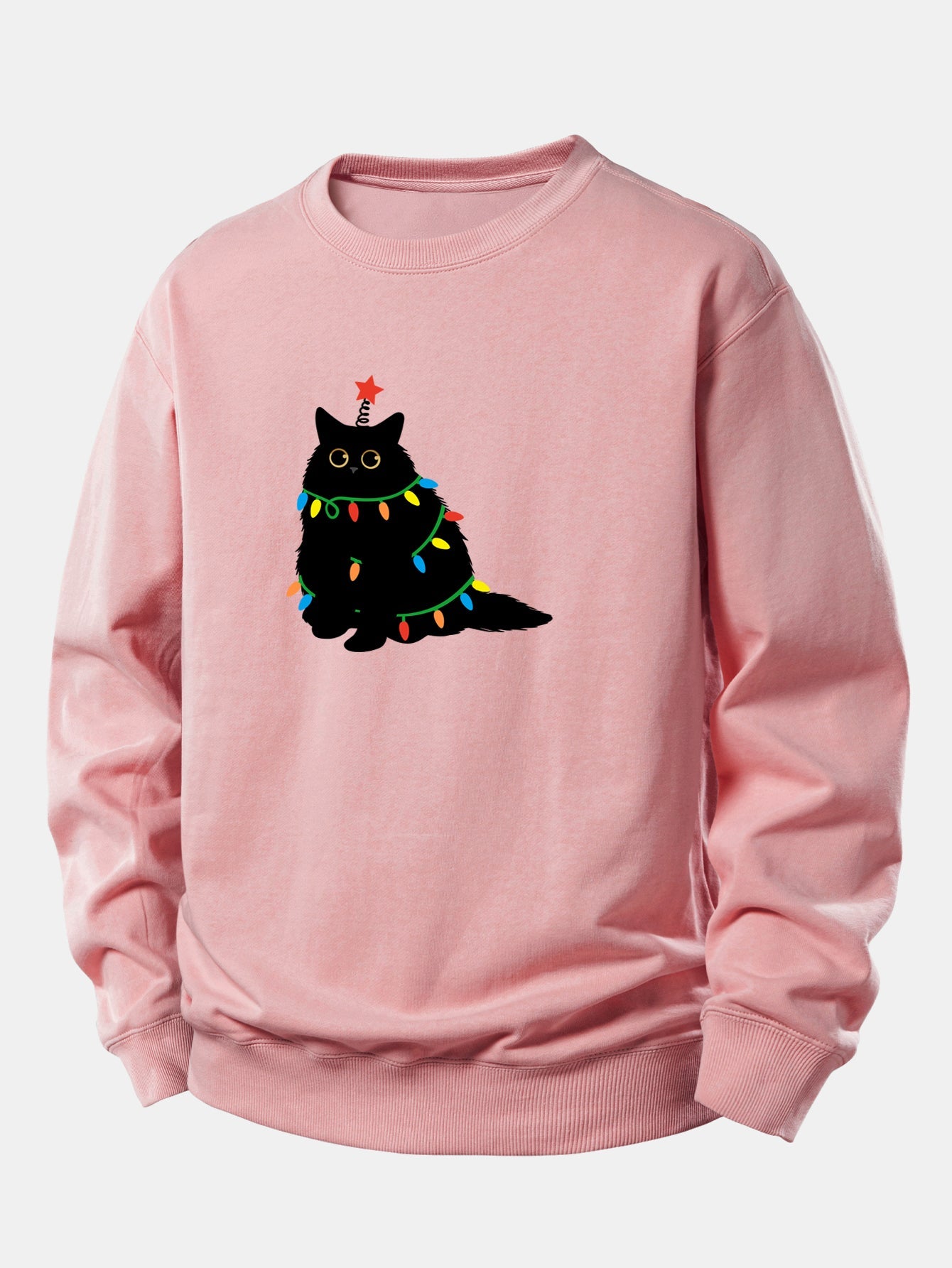 Buntes Licht Schwarze Katze Druck Locker Sitzendes Sweatshirt
