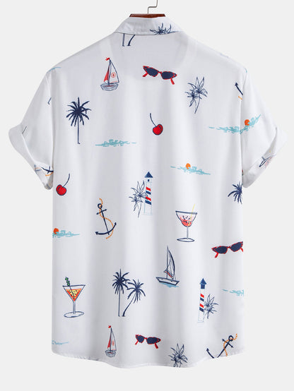 Palmbaum Nautical Print Button-Up Shirt with Striped Swim Shorts