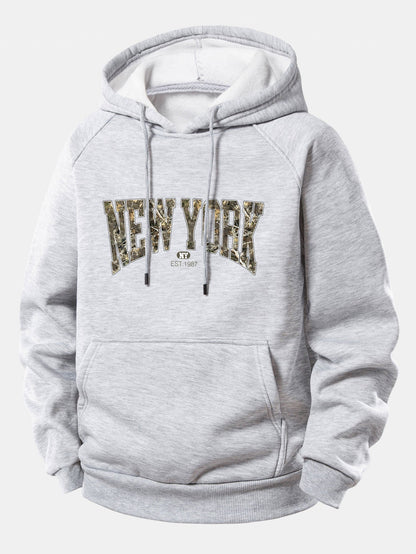 Camouflage New York Print Hoodie with Drawstring