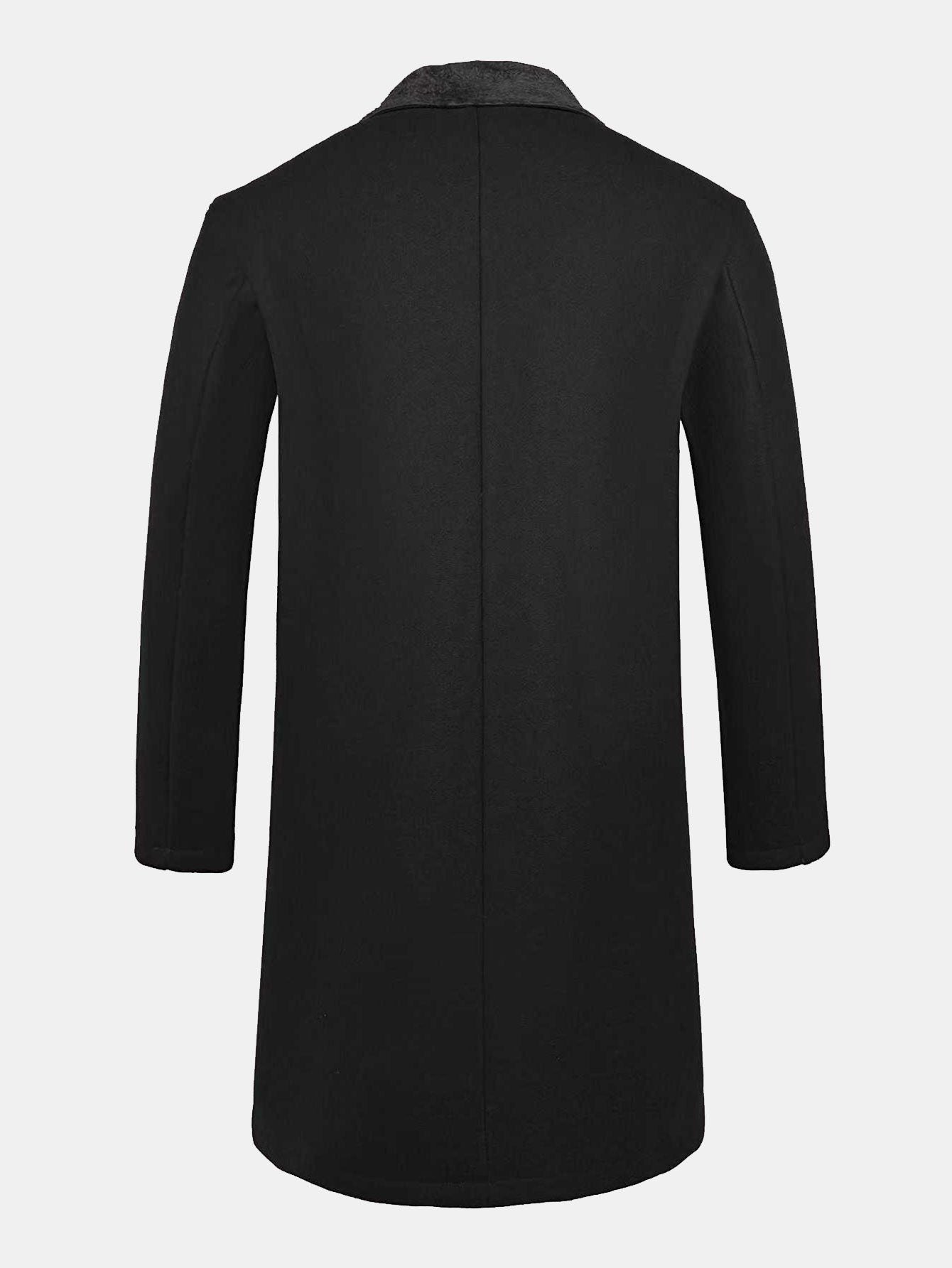 Langer Kunstwollmantel mit Teddyfleece-Kragen" can be rewritten as "Langer Mantel aus Kunstwolle mit kuscheligem Teddyfleece-Kragen.