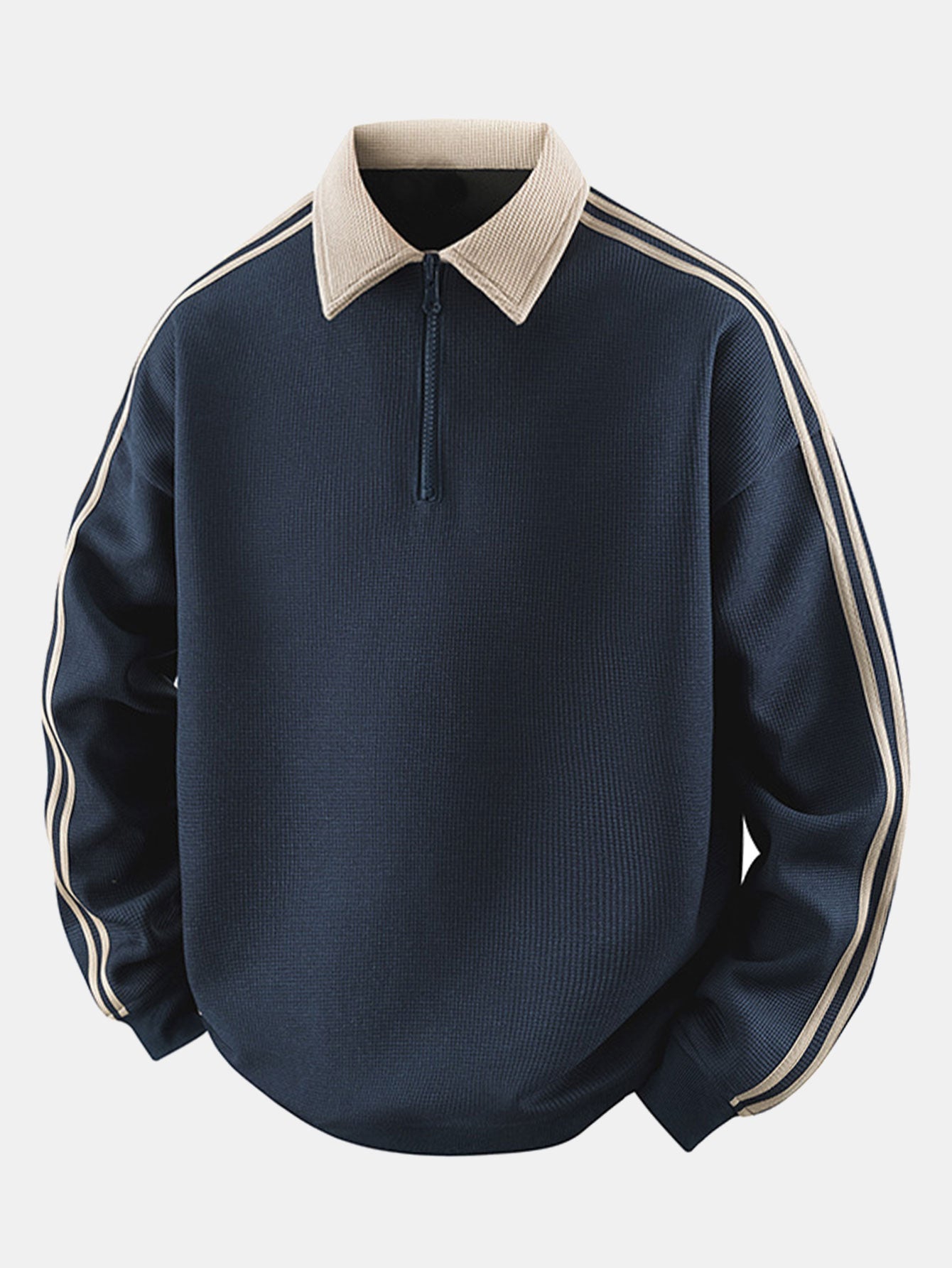 Gestreiftes Waffel-Poloshirt mit Rollkragen und Reißverschluss