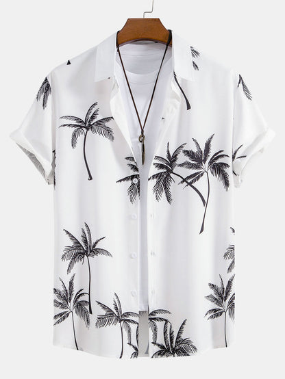 Button-Up Shirt with Palm Tree Print & Striped Swim Trunks