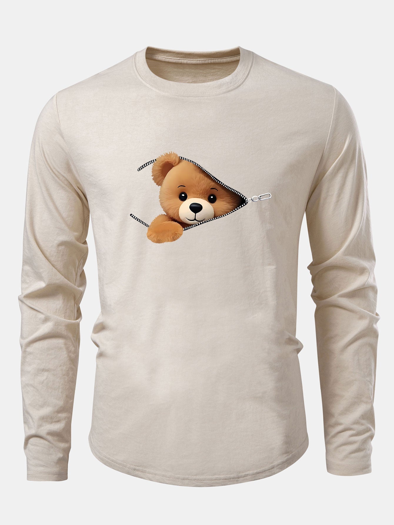 Reißverschluss Bär-Motiv Baumwoll-T-Shirt mit Bogen-Saum