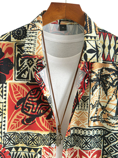 Ethnische Geometrie Druck Palmenbaum Schildkröte Knopf-Oben Hemd mit Badehosen