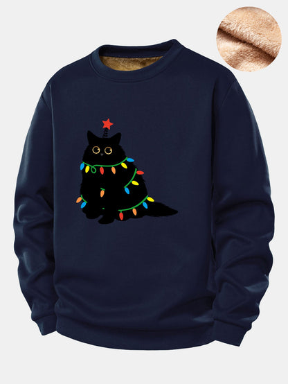 Weihnachtslichter Schwarze Katze Druck Teddy Fleece Gefüttertes Sweatshirt