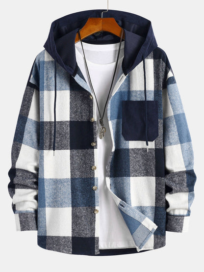 Gemütliches Flanell-Karo Corduroy Patchwork Hoodie