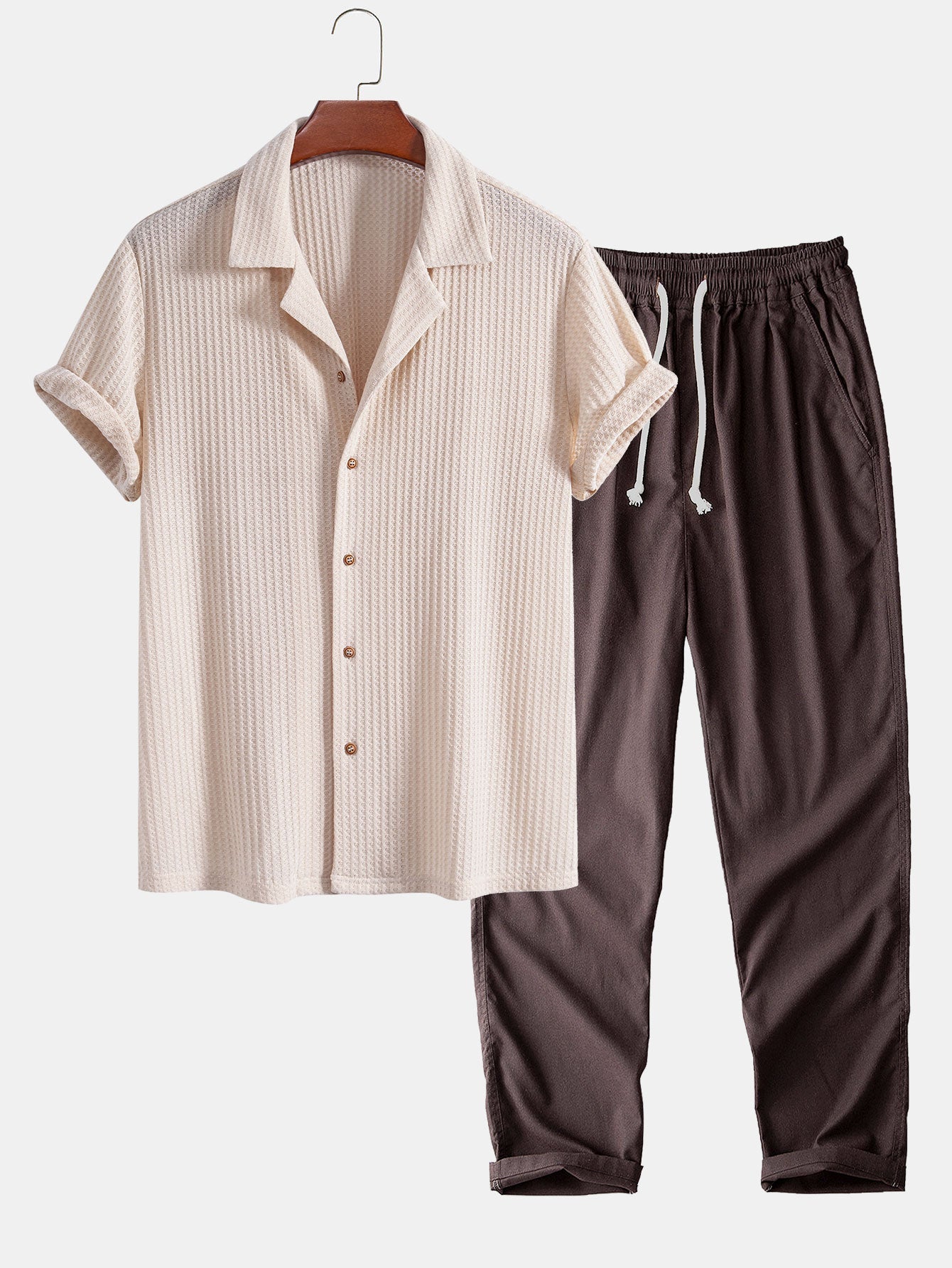 Short Sleeve Knit Waffle Cuban Shirt & Straight Leg Linen Pants