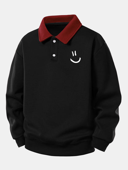 Relaxed Fit Smiley Face Print Kontrast Poloshirts Sweatshirt