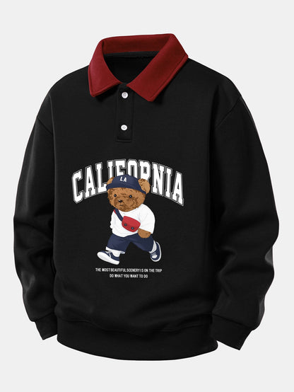 California Style Relaxed Fit Bear Print Contrast Polo Sweatshirt