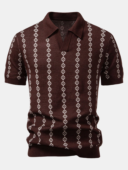 V-Ausschnitt Poloshirt mit geometrischem Strickmuster