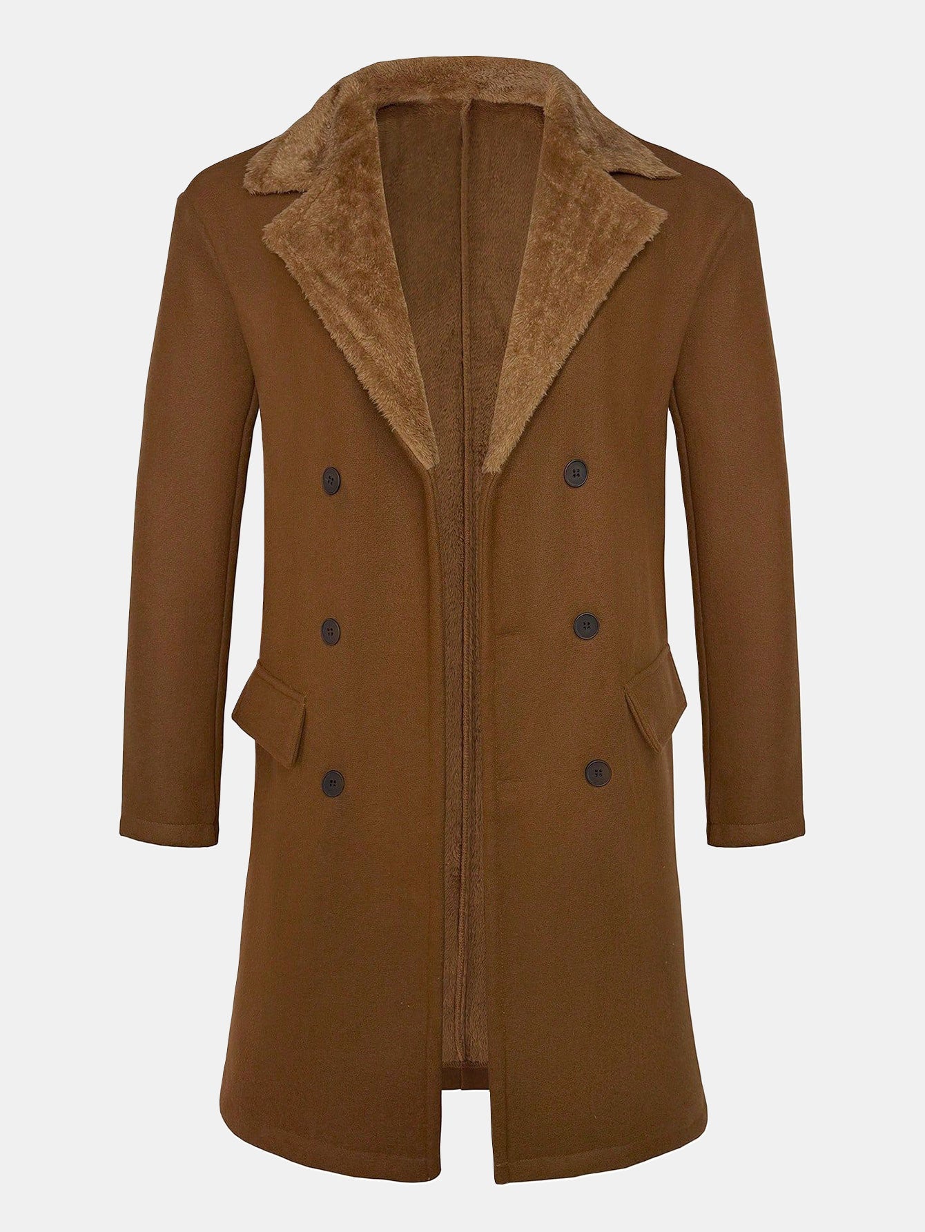 Langer Kunstwollmantel mit Teddyfleece-Kragen