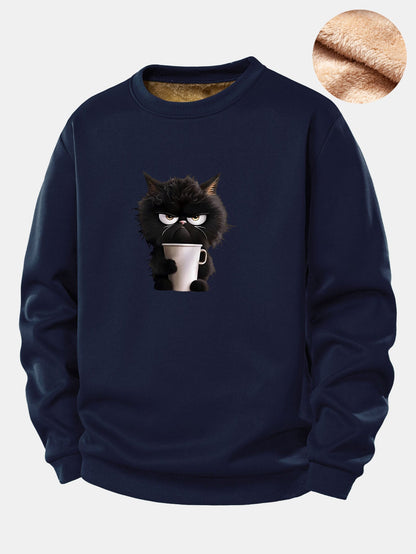 Schwarzes Katzen-Trink-Kaffee-Motiv Teddy-Fleece-gefüttertes Sweatshirt