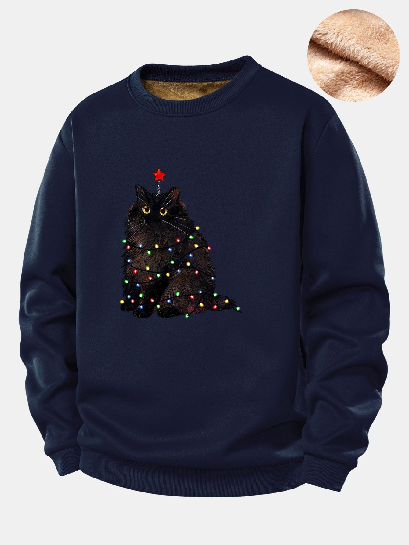 Weihnachtslichter Schwarze Katze Druck Teddy Fleece Gefüttertes Sweatshirt