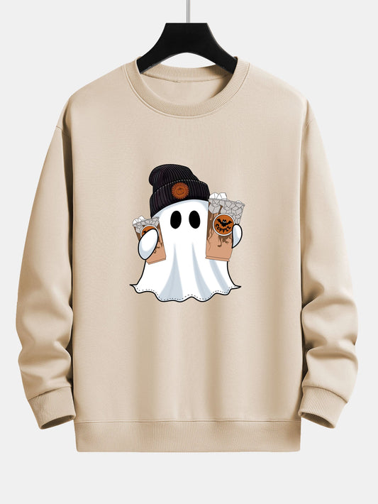 Halloween Ghost Coffee Print Relaxed Fit Sweatshirt