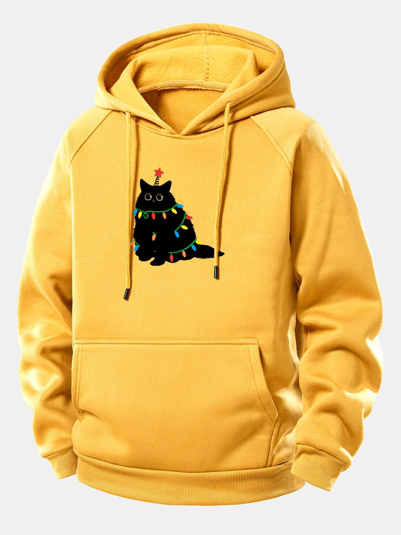 Schwarze Katze Weihnachtslichter Kordelzug Kapuzenpullover