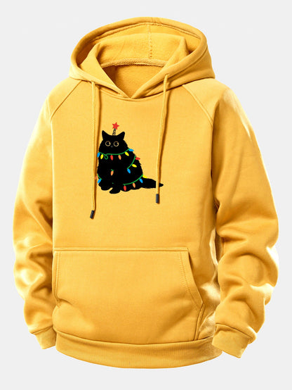 Schwarze Katze Weihnachtslichter Kordelzug Kapuzenpullover