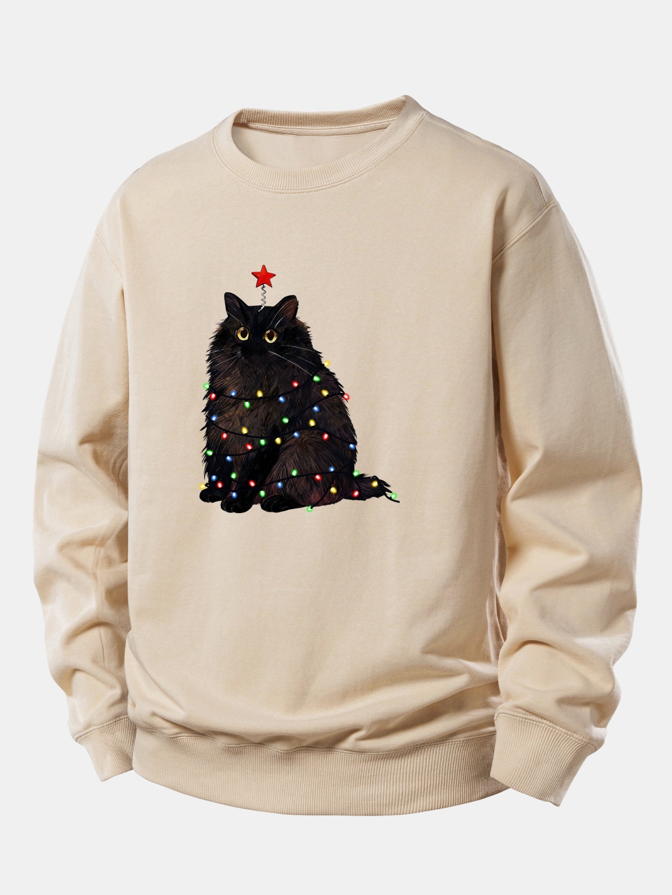 Schwarze Katze Druck Sweatshirt mit Weihnachtslichtern - Lockerer Sitz