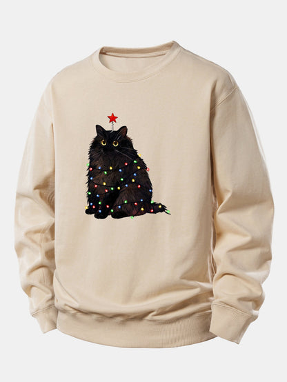 Schwarze Katze Druck Sweatshirt mit Weihnachtslichtern - Lockerer Sitz