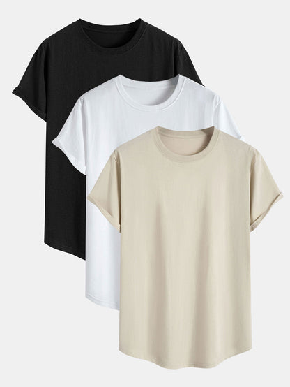 3er Set Basic Baumwoll-T-Shirts mit Bogen-Saum