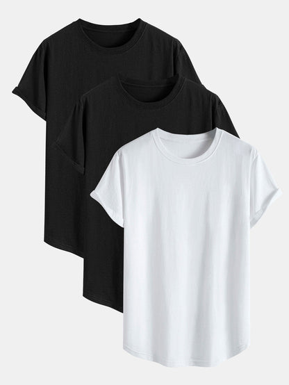 3er Set Basic Baumwoll-T-Shirts mit Bogen-Saum