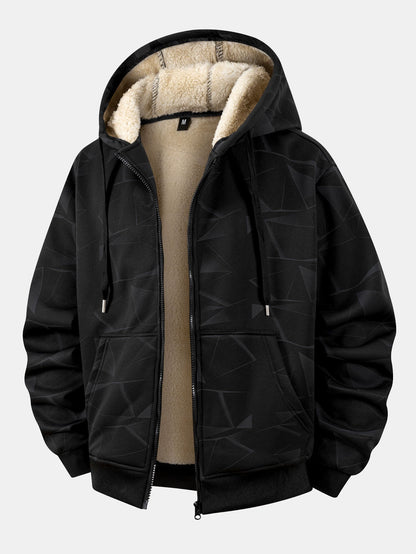 Teddy gefütterter Kapuzenpullover mit geometrischem Muster und Reißverschluss