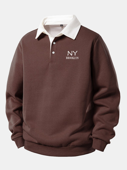 NY Brooklyn Contrast Print Polo Shirt with Collar Sweatshirt