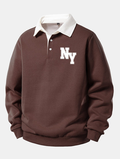 NY Print Contrast Polo Collar Sweatshirt