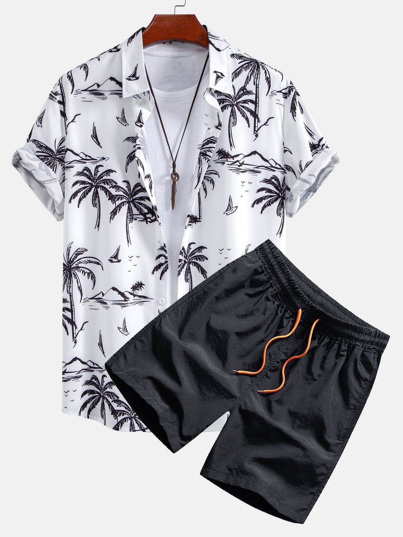 Palm Tree Island Hemd mit Knopfleiste und Kordelzug-Badeshorts