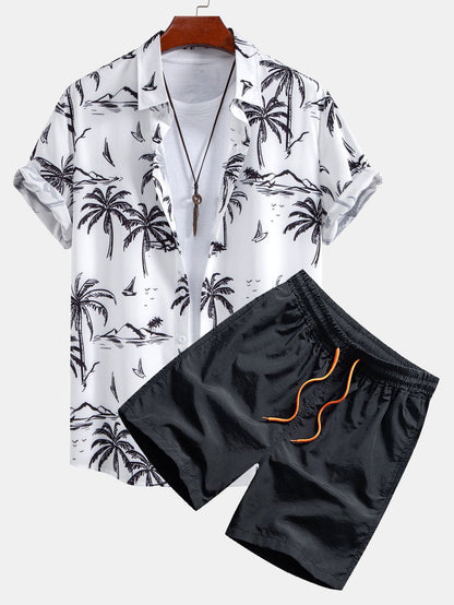 Palm Tree Island Hemd mit Knopfleiste und Kordelzug-Badeshorts