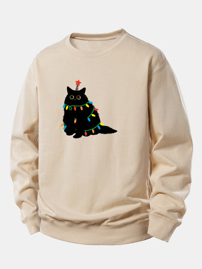 Buntes Licht Schwarze Katze Druck Locker Sitzendes Sweatshirt