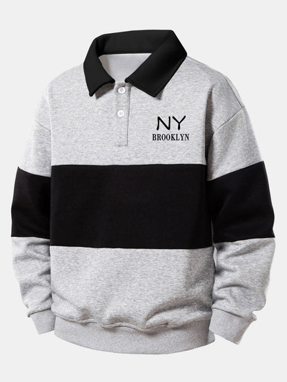 Relaxed Fit NY Brooklyn Graphic Color Block Polo Sweatshirt