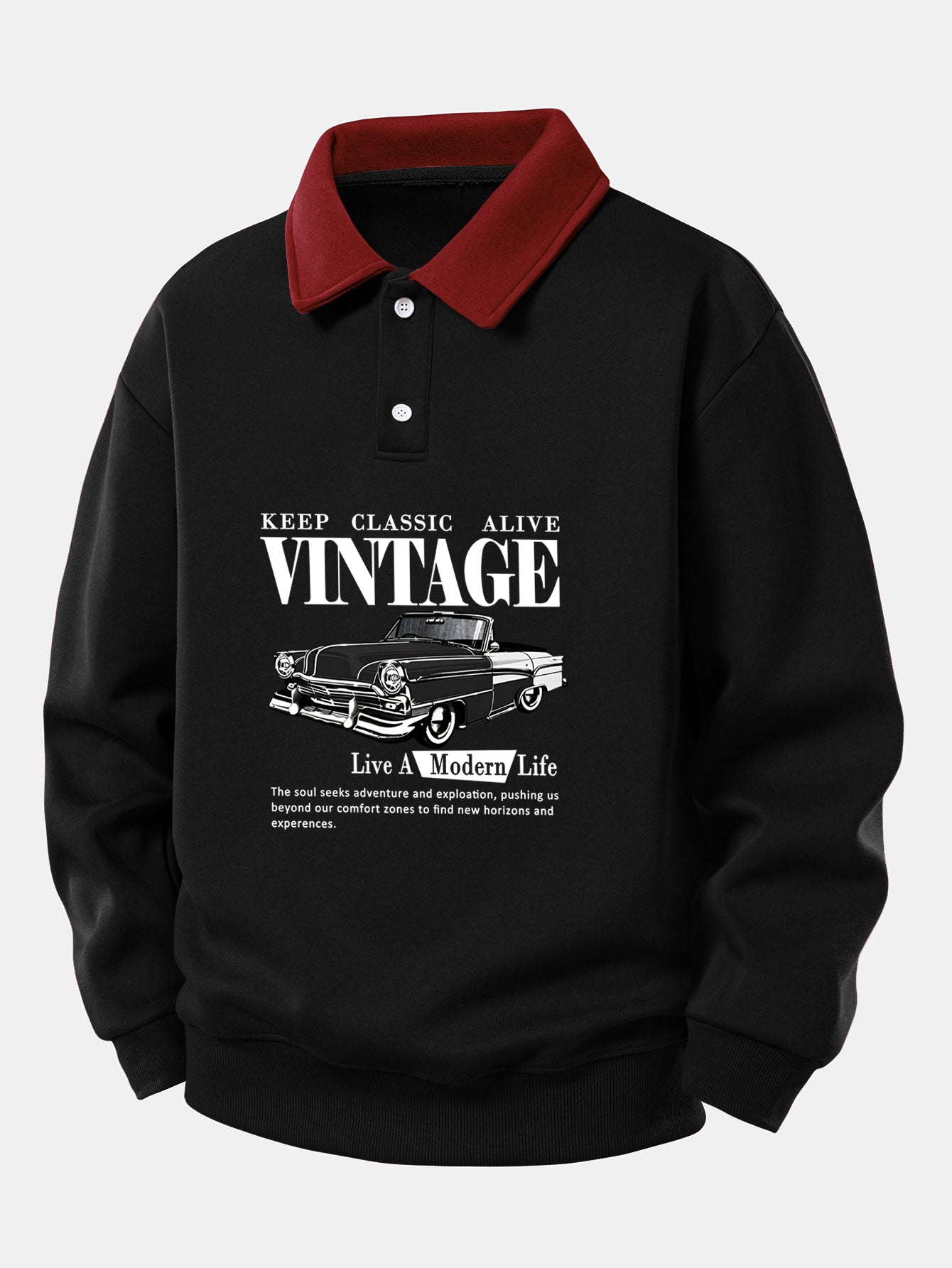 Vintage Auto Print Contrast Polo Sweatshirt - Relaxed Fit