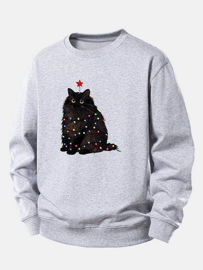 Schwarze Katze Druck Sweatshirt mit Weihnachtslichtern - Lockerer Sitz