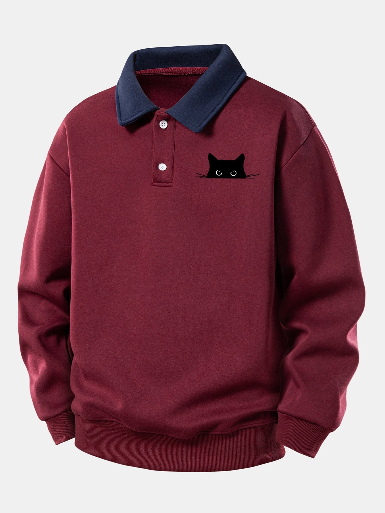 Relaxed Fit Schwarzes Katzenmotiv Kontrast Poloshirts Sweatshirt