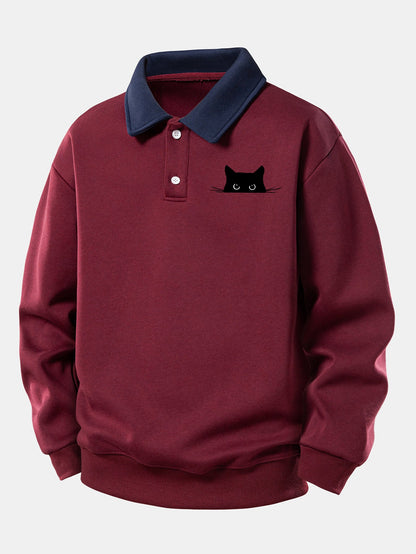 Relaxed Fit Schwarzes Katzenmotiv Kontrast Poloshirts Sweatshirt