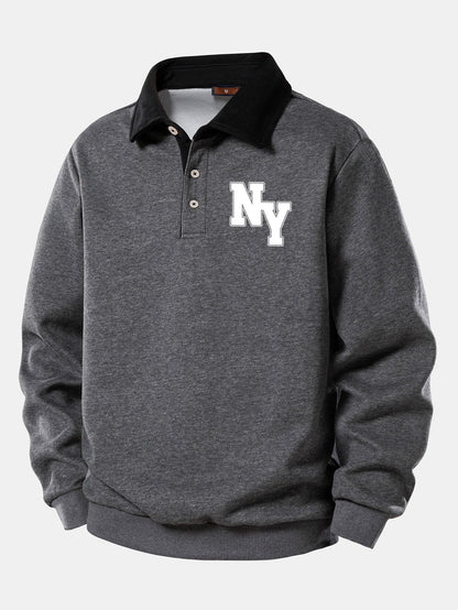 NY Print Contrast Polo Collar Sweatshirt