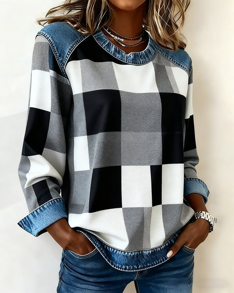 Stutz I Sweatshirt mit Karo-Patchwork und Kontrastfarbe