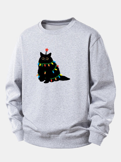 Buntes Licht Schwarze Katze Druck Locker Sitzendes Sweatshirt