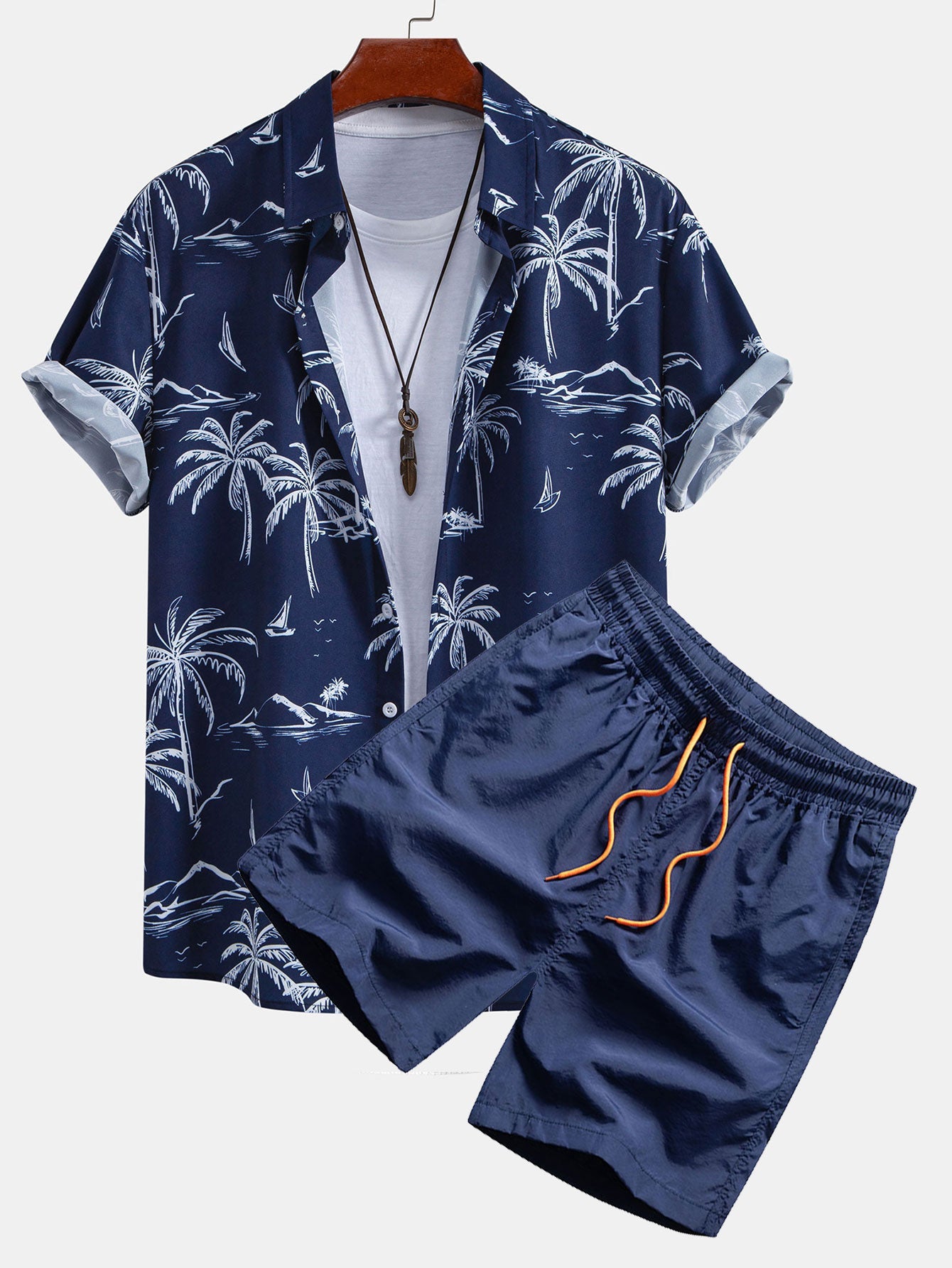 Palm Tree Island Hemd mit Knopfleiste und Kordelzug-Badeshorts