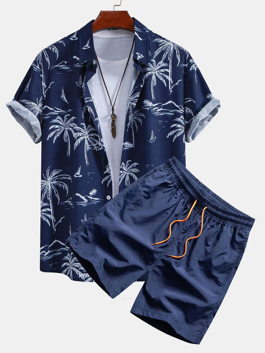 Palm Tree Island Hemd mit Knopfleiste und Kordelzug-Badeshorts
