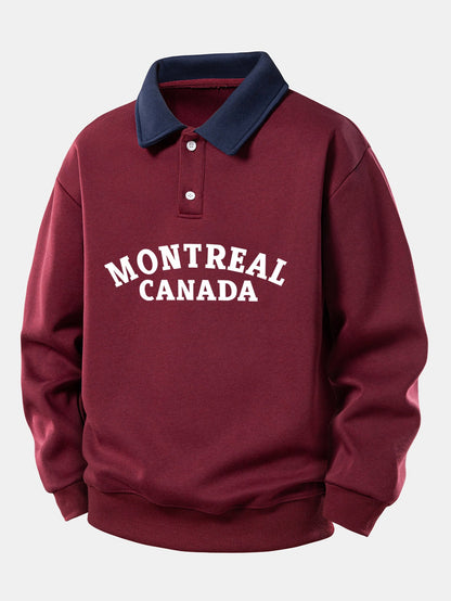 Relaxed Fit Montreal Canada Graphic Contrast Polo Sweatshirt
